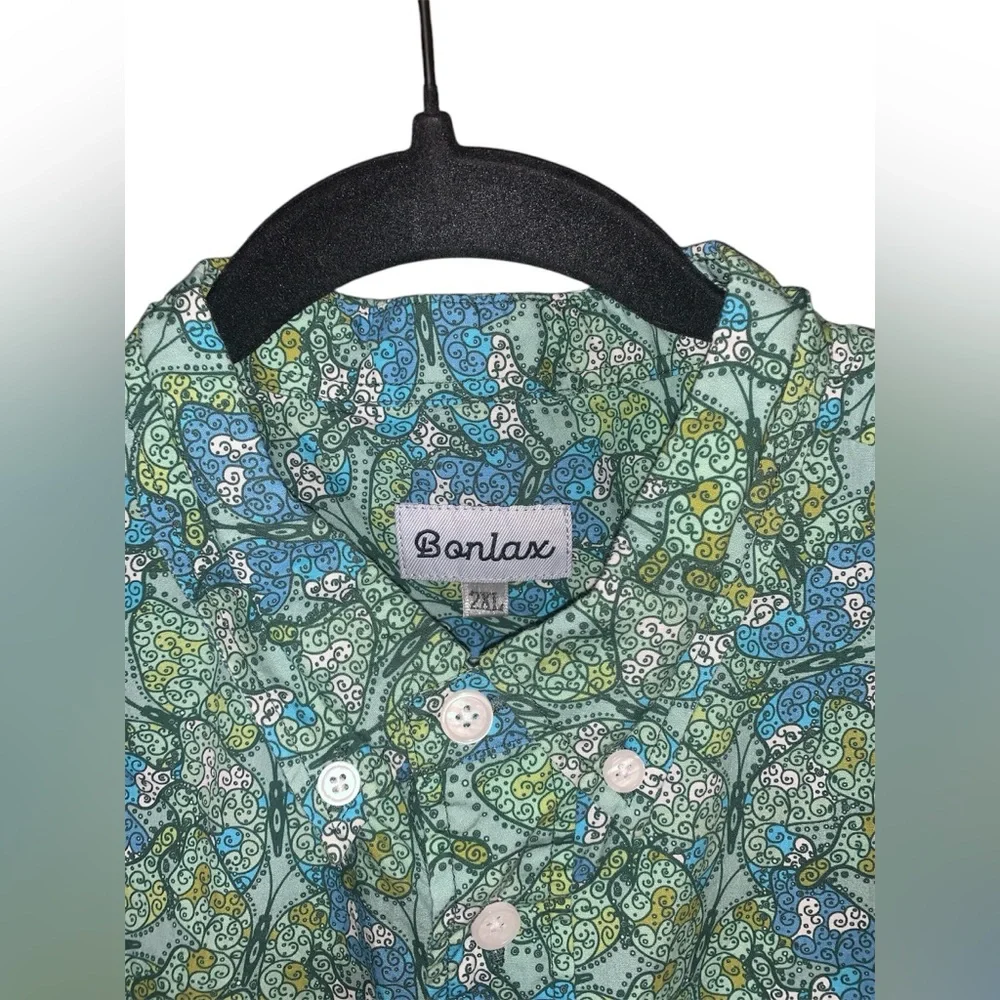 Bonlax Short Sleeve Button Down Shirt In Green Butterfly Print‎ Size 2XL